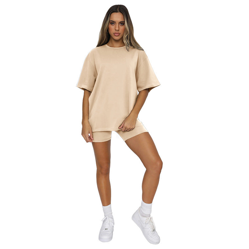 Solid color short-sleeved crew neck blouse casual shorts fashion suit 4COLOR