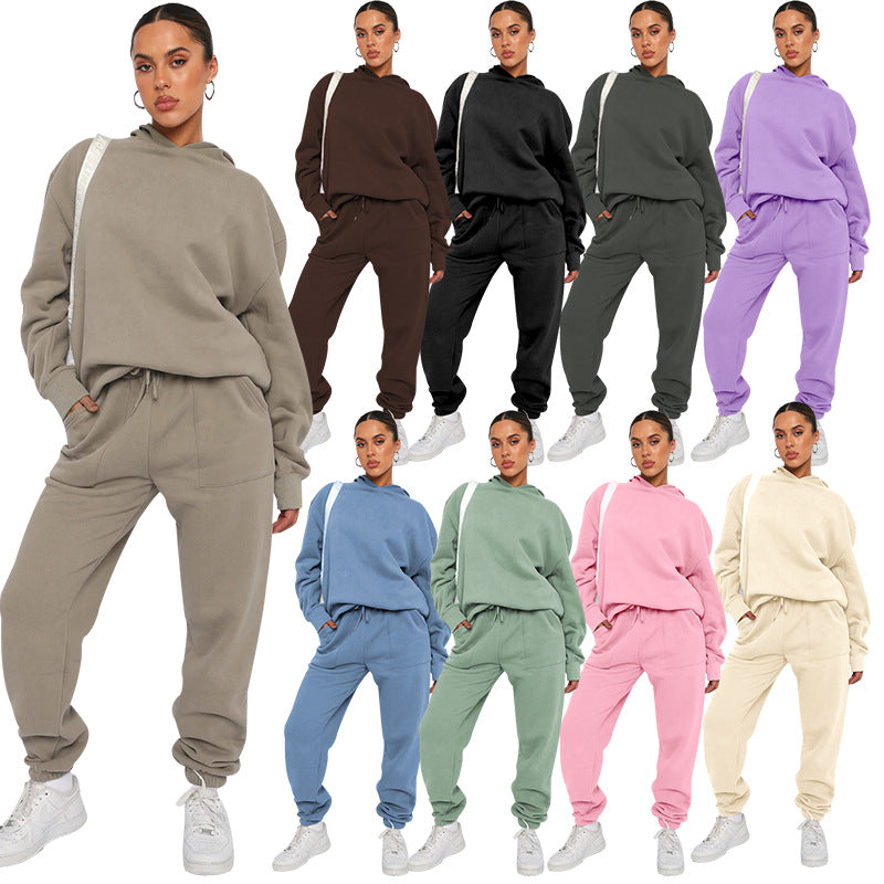 Solid color hooded long-sleeved hoodie women's fashion casual pantsuit 9 colors