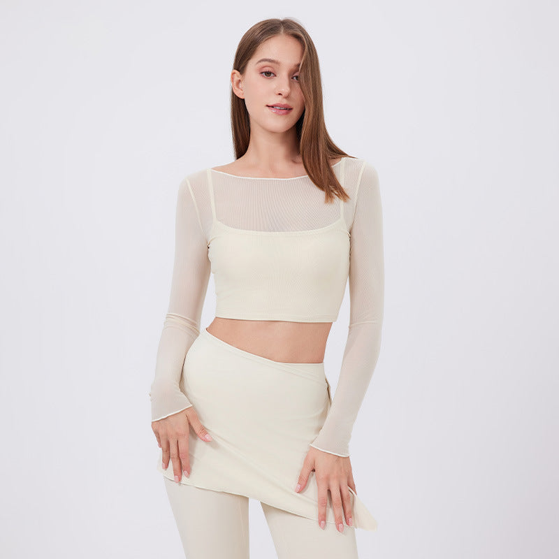 Mock Two-Piece Mesh Long Sleeve Cropped Top with Built-in Padded Bra + Flare Leg Pants & Detachable Skort 3-Piece Set