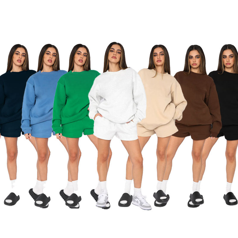 Solid color round neck long-sleeved hoodie fashion shorts set 7 colors