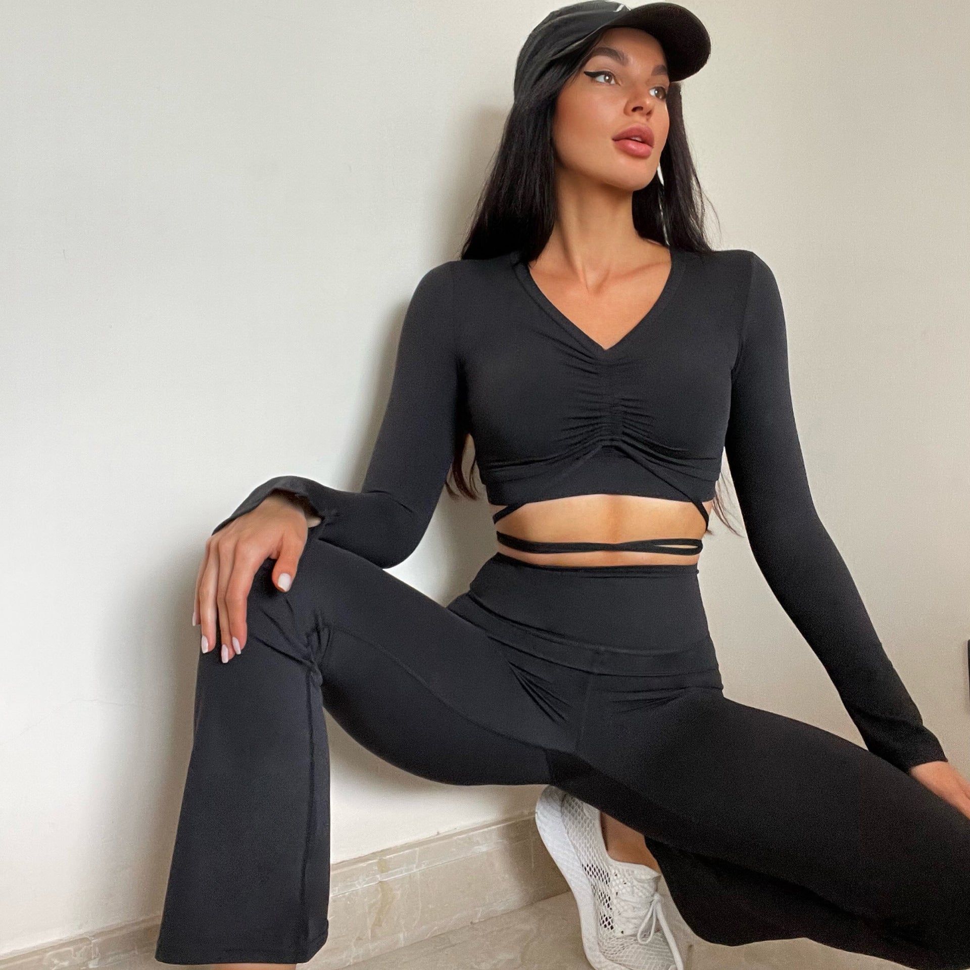 Nylon nude flares shorts bra vest long sleeve yoga suit set 5 colors