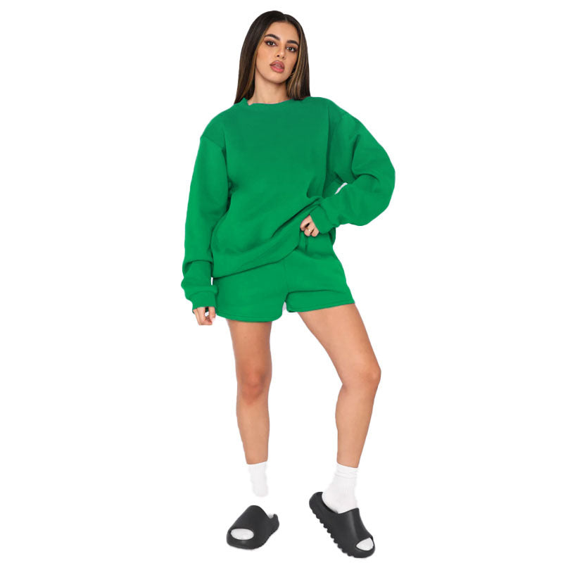 Solid color round neck long-sleeved hoodie fashion shorts set 7 colors