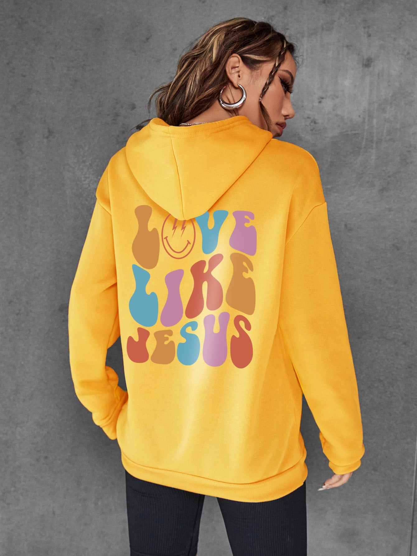 Fleece hoodie back letter print kangaroo pocket drawstring print 7 color