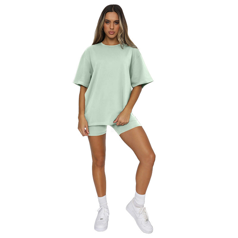 Solid color short-sleeved crew neck blouse casual shorts fashion suit 4COLOR