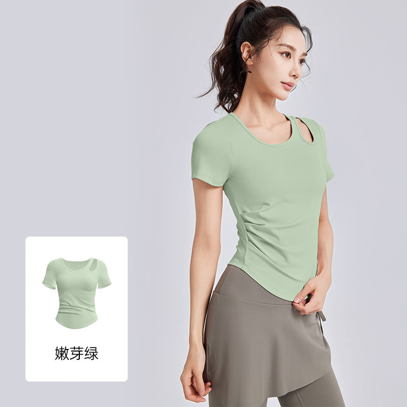 Women Slim Fit One-piece Cup Yoga Top with Built-in Pads, Short Sleeve Summer Fitness Shirt