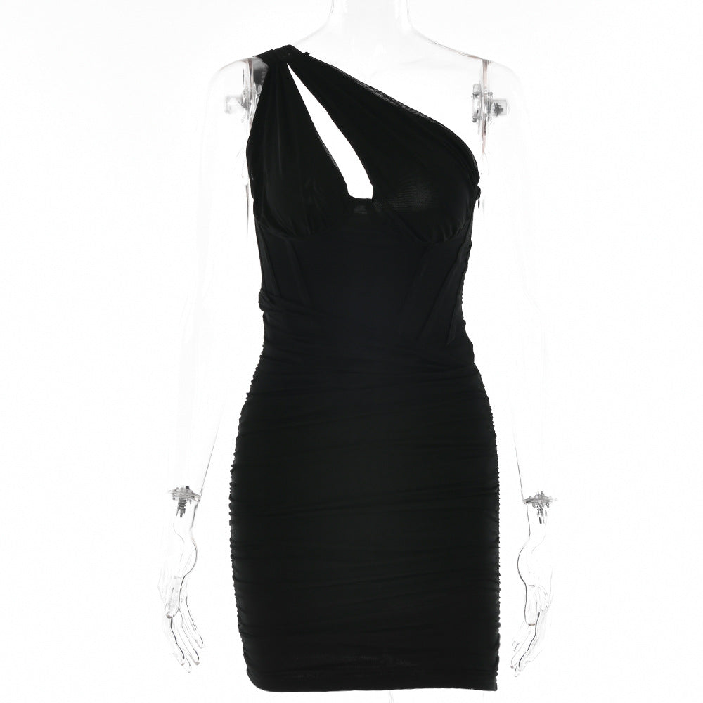 New one-shoulder dress fashion design Spice Girl tight-fitting anticlinal shoulder skirt 4 colors