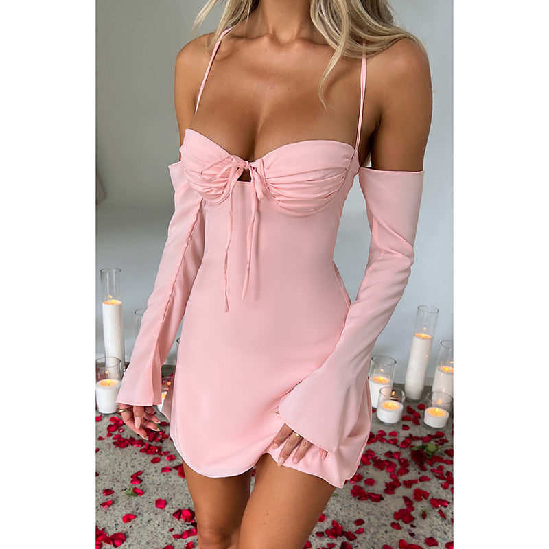 Barbie powder YJ23359 halter sexy ribbon hollow dress
