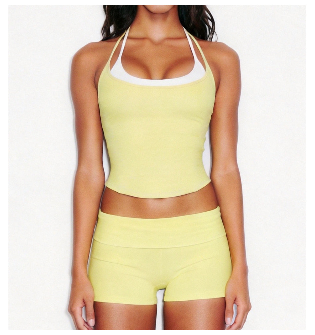 Short yoga set, double shoulder straps, halter top, color-blocking sports and fitness Pilates folding short pants set
