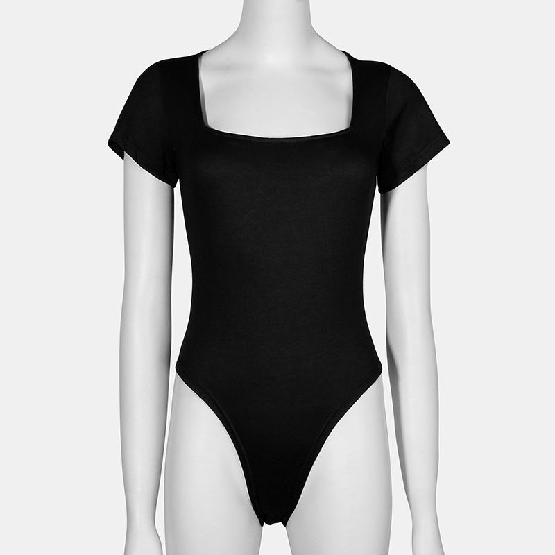 Women's Fashion Casual Square Collar Bodysuit Women's Solid Color Sexy Slim Large Size Short Sleeve T-Shirt Women 5 Colors