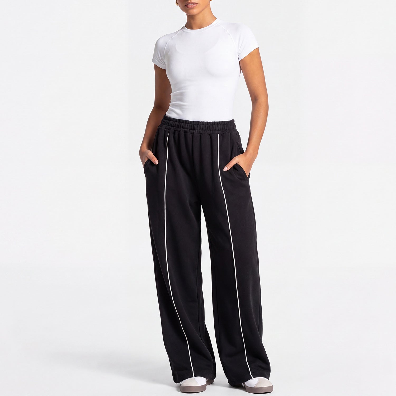 Women Loose Wide Leg Sweatpants Straight Casual Trousers Yoga Outfit Set, European & American Style Short Sleeve Sports Top