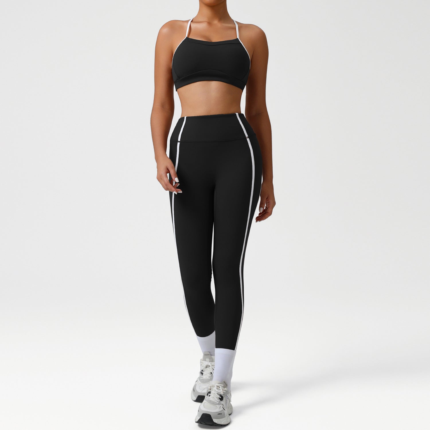 High waist sports suit female autumn clash color beauty back nude feeling tight pants suit running fitness yoga suit