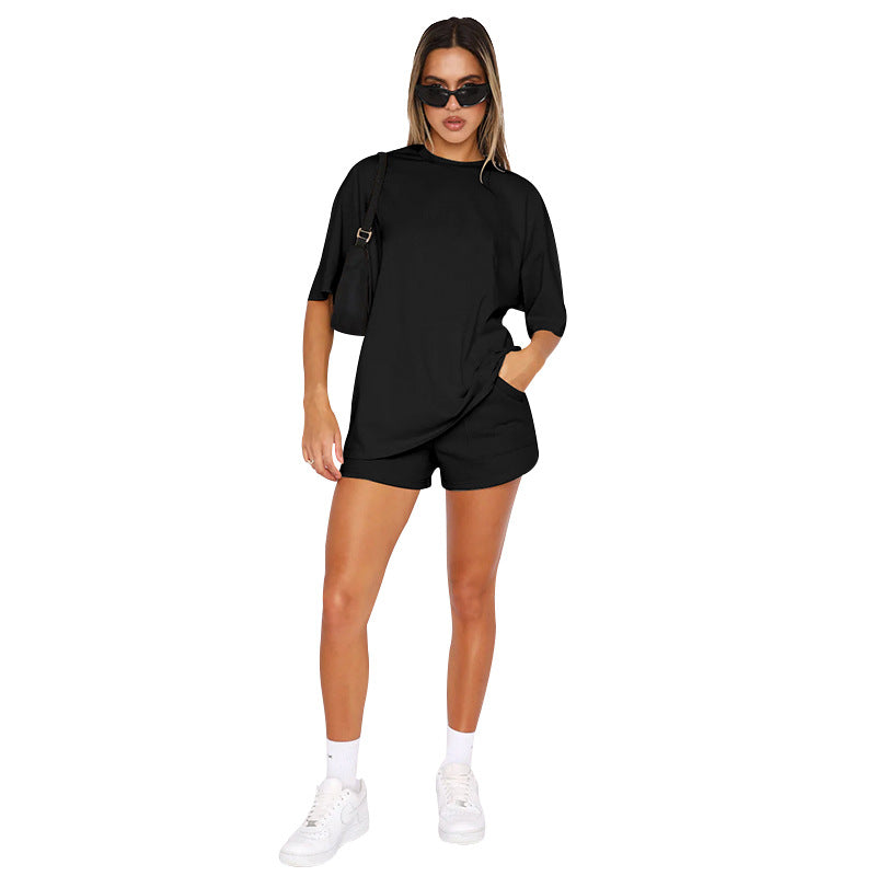 211299 new solid color round neck set with mid-sleeve casual shorts 6colors