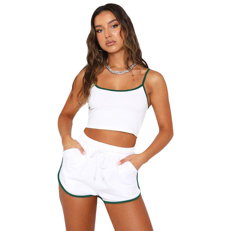 211302 Solid color sexy halter crop vest top drawstring pants set 2colors