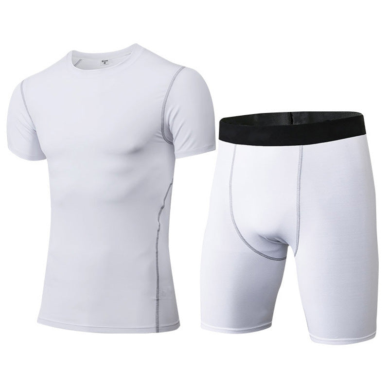 1003+1004 Men's PRO Tight Training Clothes Sports Fitness Suit Perspiration Quick-drying Short Sleeves + Shorts