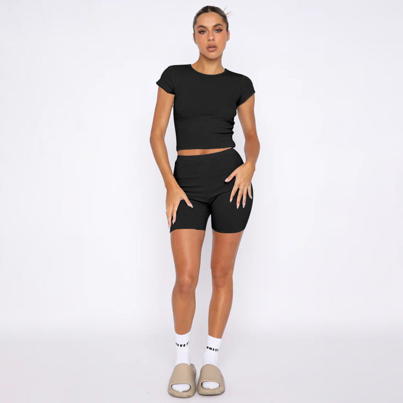 211295 solid color round neck short sleeve shorts set 7colors