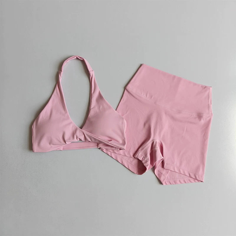 Sexy Yoga Set, Skin-friendly & Breathable Backless Halter Sports Crop Top & Slim-fit Shorts, Gym Training Activewear