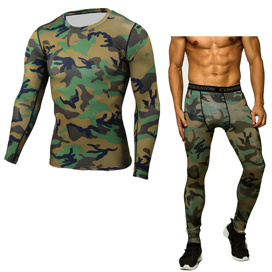 Long-sleeved t-shirt set tights fitness clothes men's sports super cool outdoor camouflage quick-drying sweatshirt 9 colors