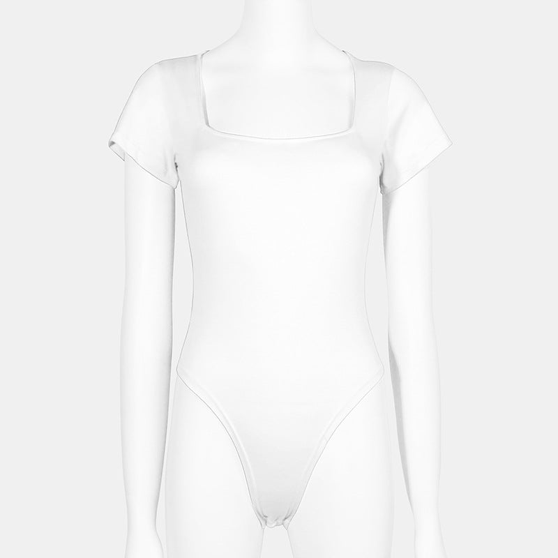 Women's Fashion Casual Square Collar Bodysuit Women's Solid Color Sexy Slim Large Size Short Sleeve T-Shirt Women 5 Colors
