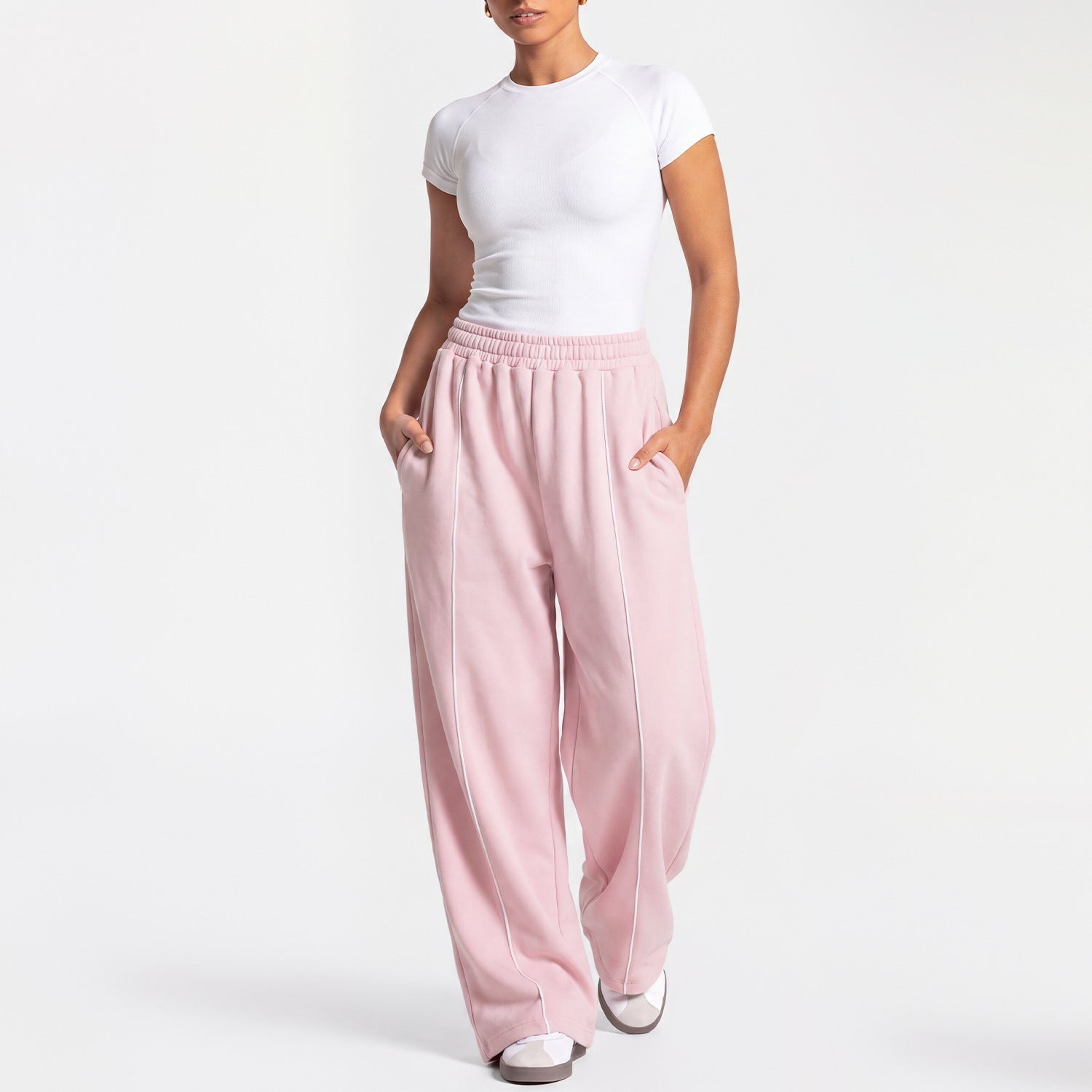 Women Loose Wide Leg Sweatpants Straight Casual Trousers Yoga Outfit Set, European & American Style Short Sleeve Sports Top