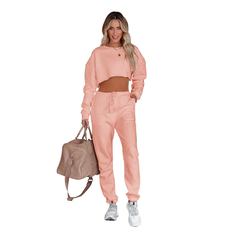Solid color crew-neck pull-over midriff long-sleeved hoodie drawstring pants suit 5colors