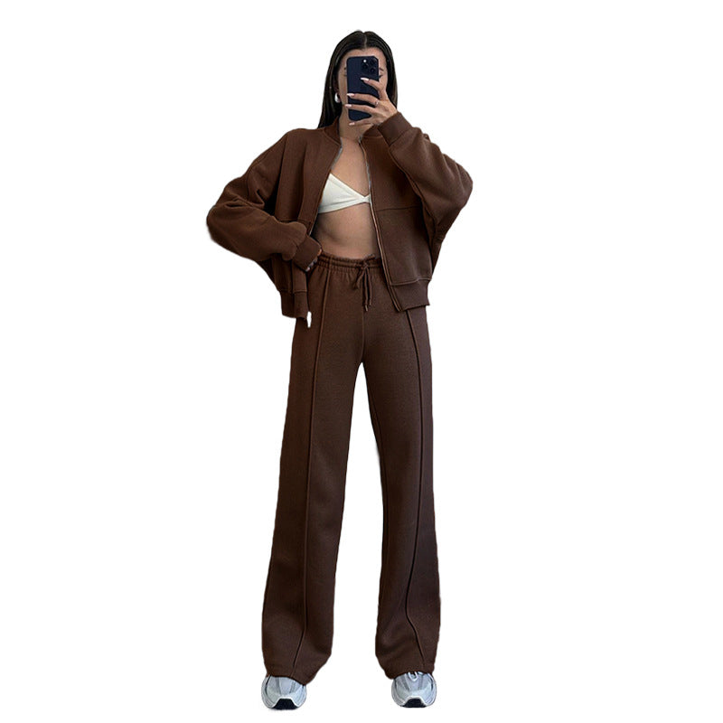 211348 Solid color zip-up cardigan hoodie straight pant suit 6 colors