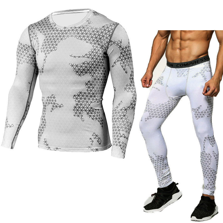 Long-sleeved t-shirt set tights fitness clothes men's sports super cool outdoor camouflage quick-drying sweatshirt 9 colors