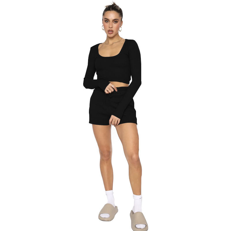 211277 Waffle solid color U-neck long sleeve short fashion casual shorts set 7 colors