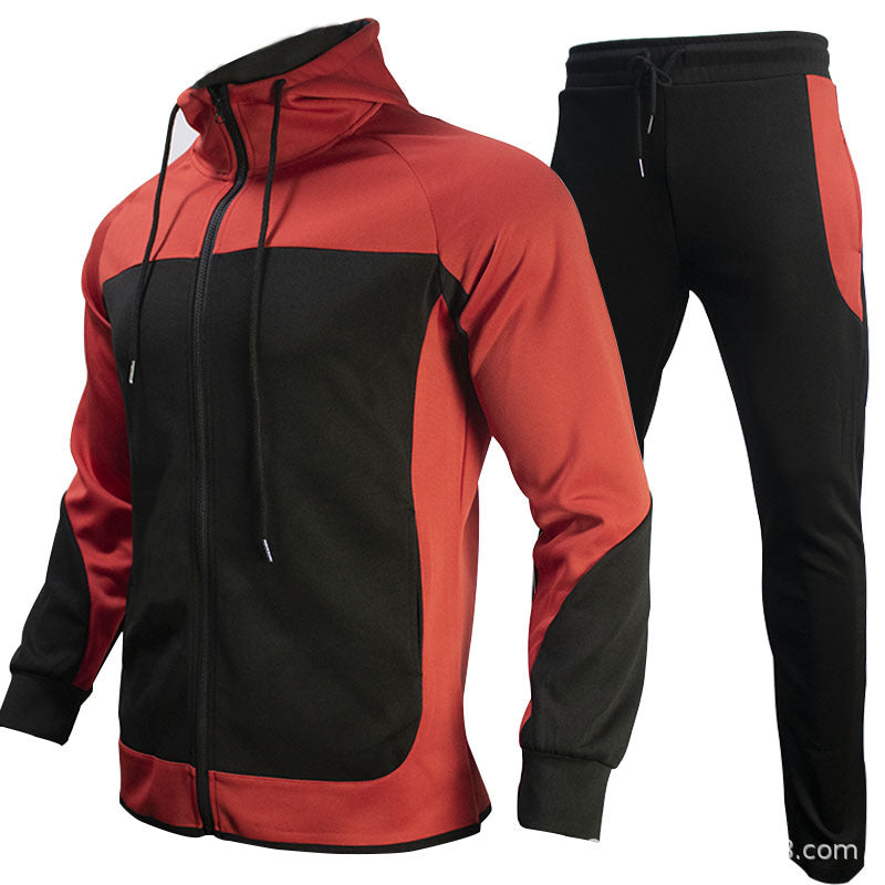 Men's fashion trendy brand contrast color sweater two-piece hooded autumn jacket sportswear casual clothes suit 10 colors