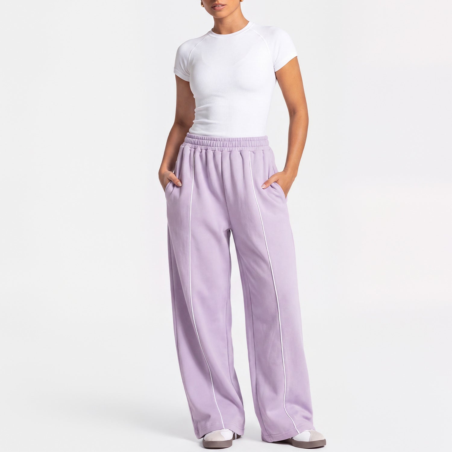 Women Loose Wide Leg Sweatpants Straight Casual Trousers Yoga Outfit Set, European & American Style Short Sleeve Sports Top