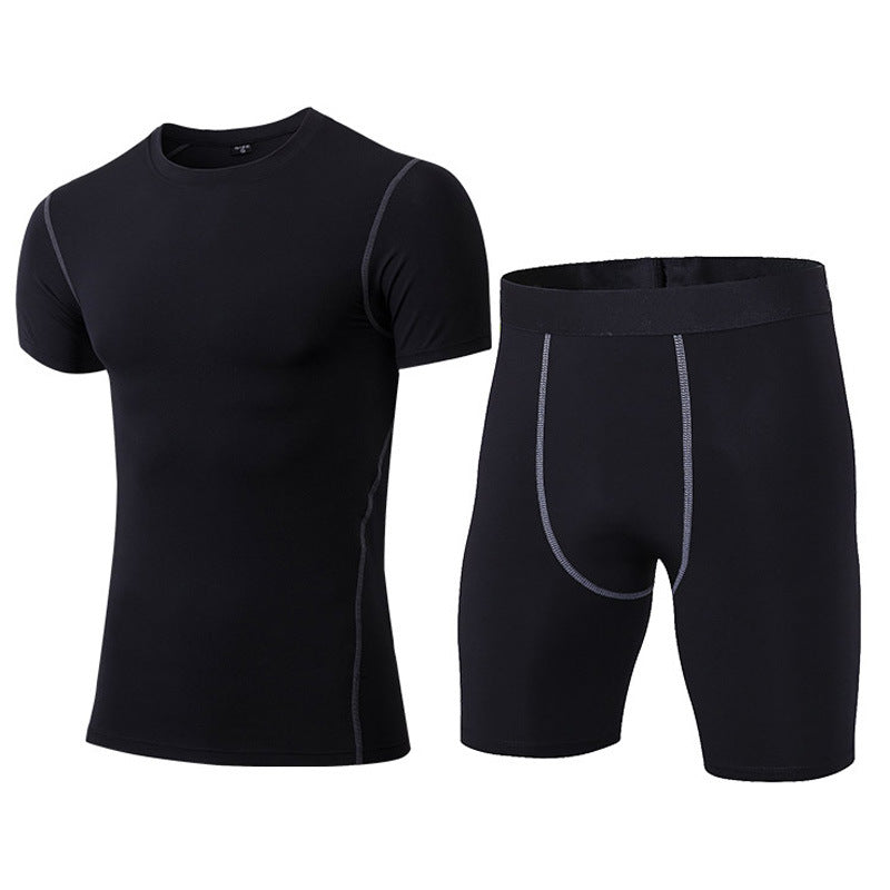 1003+1004 Men's PRO Tight Training Clothes Sports Fitness Suit Perspiration Quick-drying Short Sleeves + Shorts