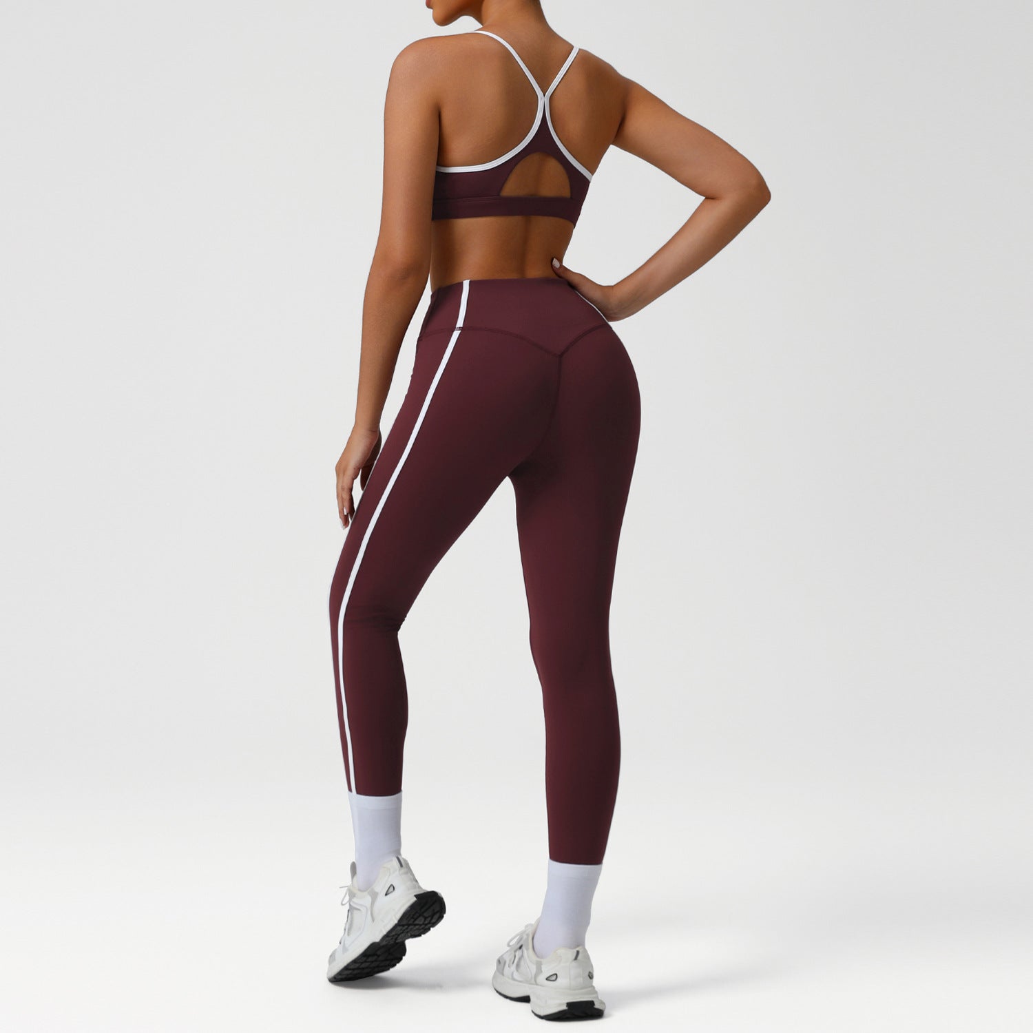 High waist sports suit female autumn clash color beauty back nude feeling tight pants suit running fitness yoga suit