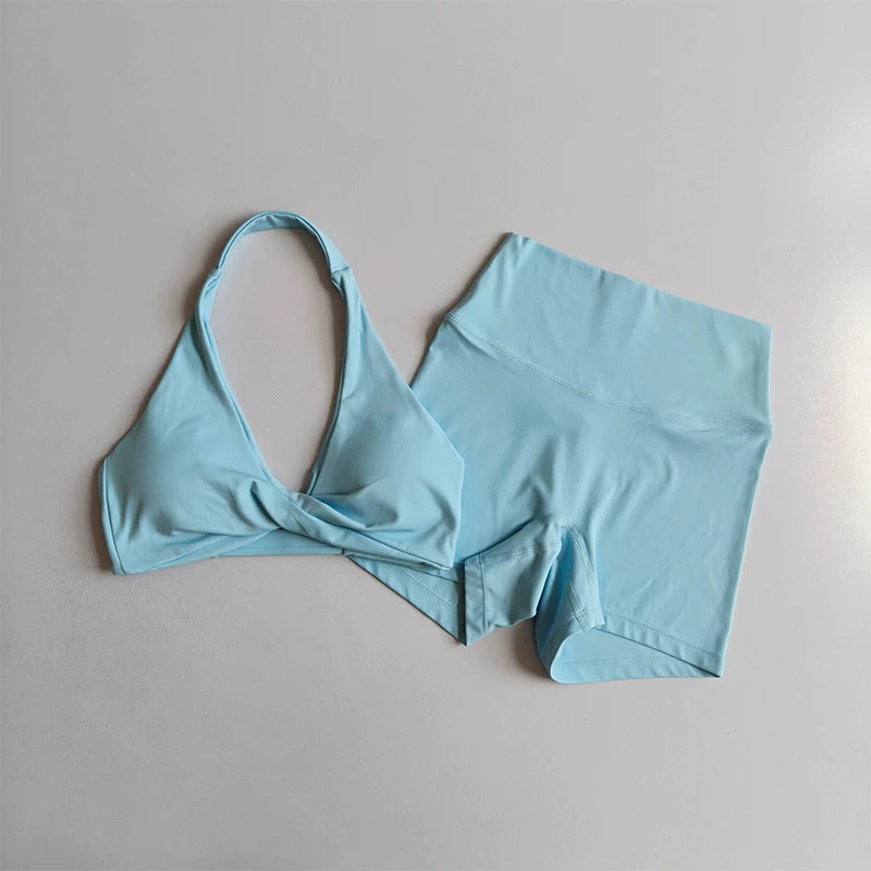 Sexy Yoga Set, Skin-friendly & Breathable Backless Halter Sports Crop Top & Slim-fit Shorts, Gym Training Activewear