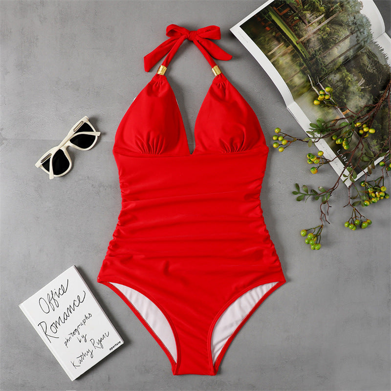 New One-piece Swimsuit Conservative Leopard Print Halter Neck Red Halter Swimsuit 5 Colors