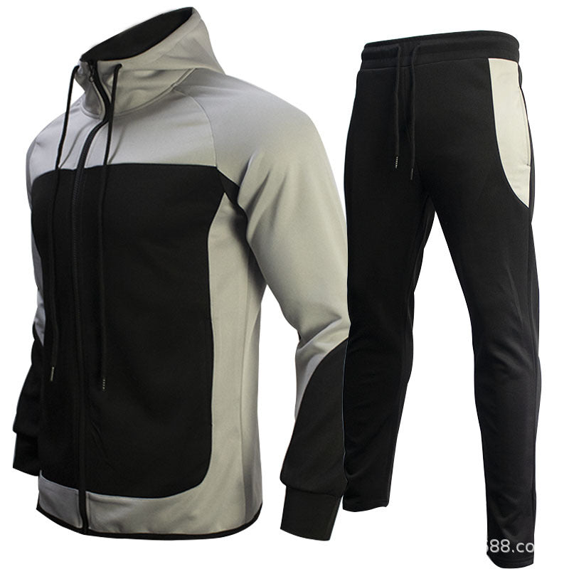 Men's fashion trendy brand contrast color sweater two-piece hooded autumn jacket sportswear casual clothes suit 10 colors