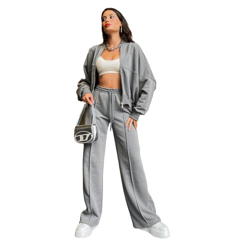 211348 Solid color zip-up cardigan hoodie straight pant suit 6 colors