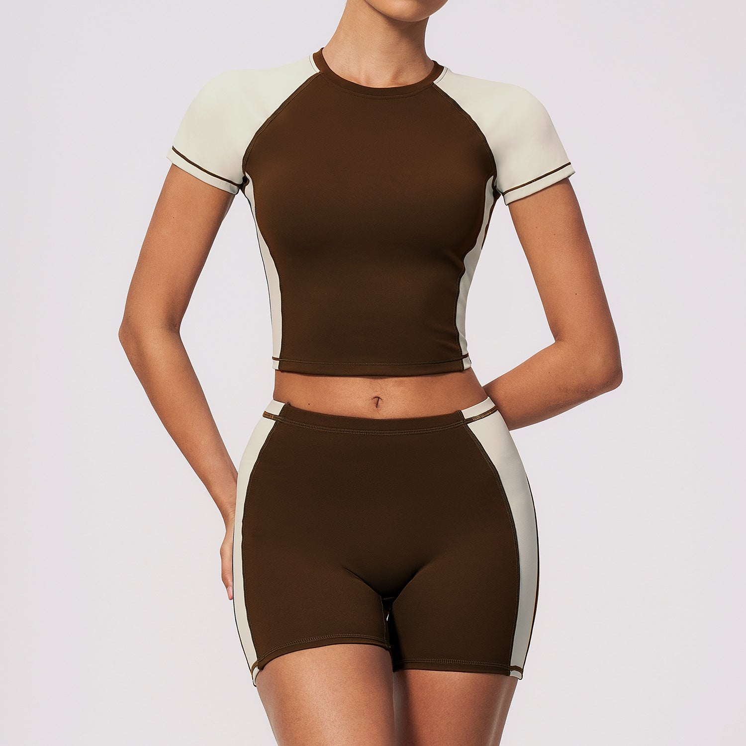 Summer New Women's Color Block Cropped Yoga Outfit, Pilates Training & Running Fitness Set