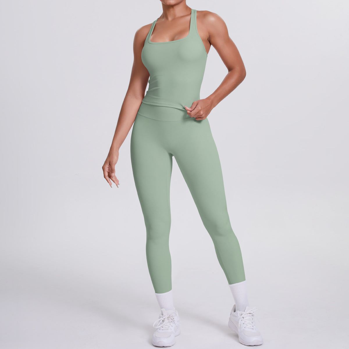 Solid Color Brushed Double-Sided Fitted Ribbed Racerback Sports Set, 2-Piece Yoga Outfit for Running & Fitness