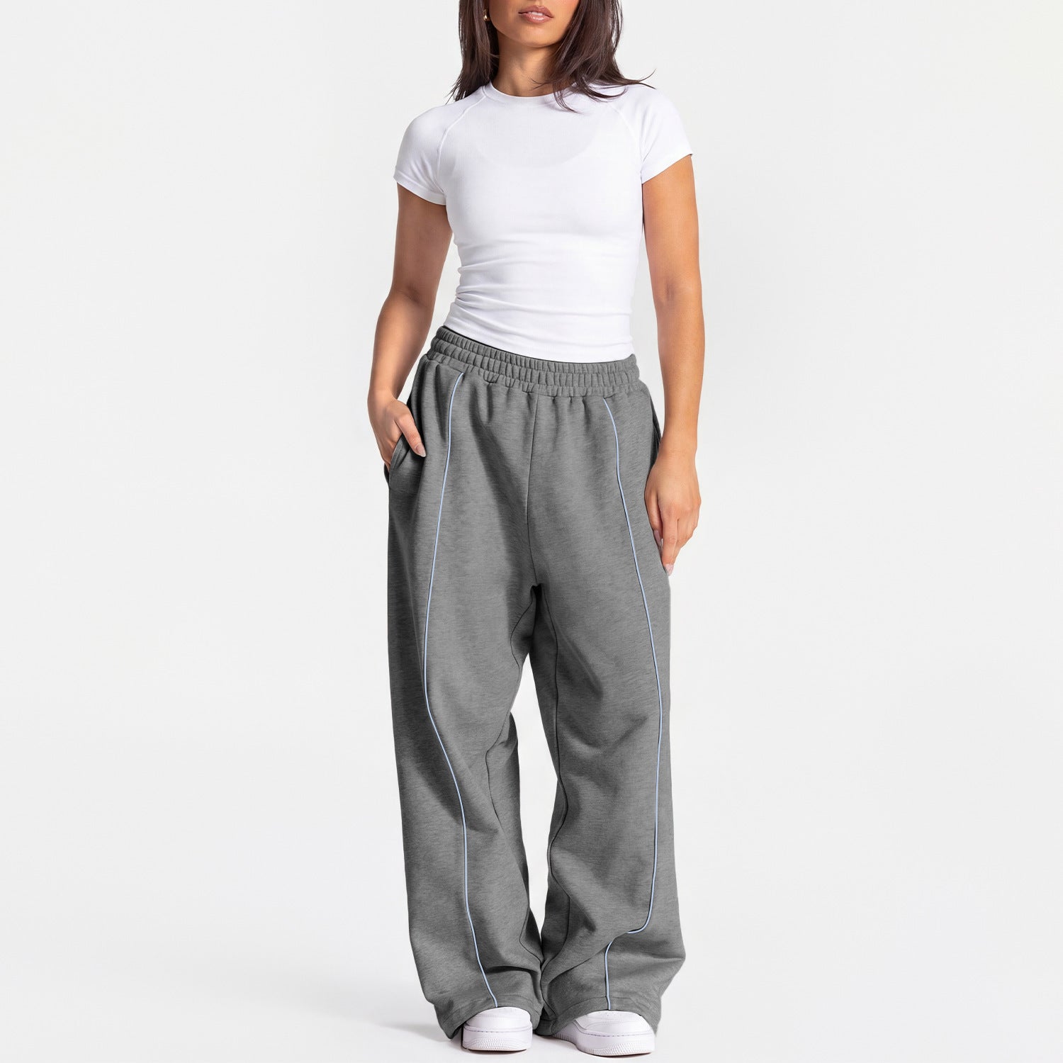 Women Loose Wide Leg Sweatpants Straight Casual Trousers Yoga Outfit Set, European & American Style Short Sleeve Sports Top