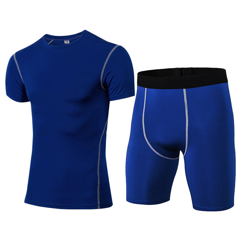 1003+1004 Men's PRO Tight Training Clothes Sports Fitness Suit Perspiration Quick-drying Short Sleeves + Shorts