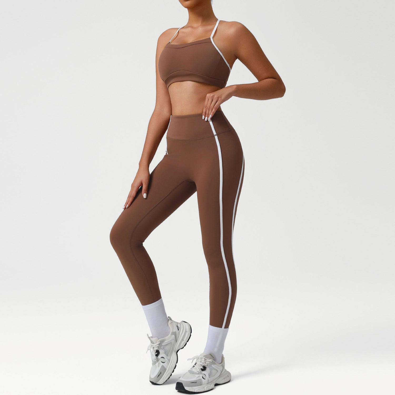 High waist sports suit female autumn clash color beauty back nude feeling tight pants suit running fitness yoga suit