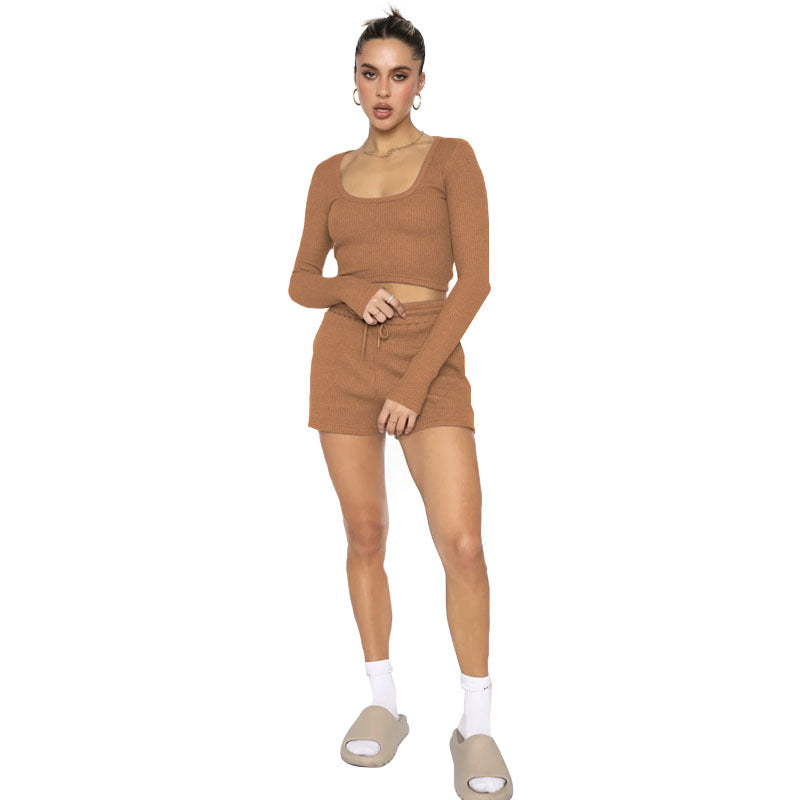 211277 Waffle solid color U-neck long sleeve short fashion casual shorts set 7 colors