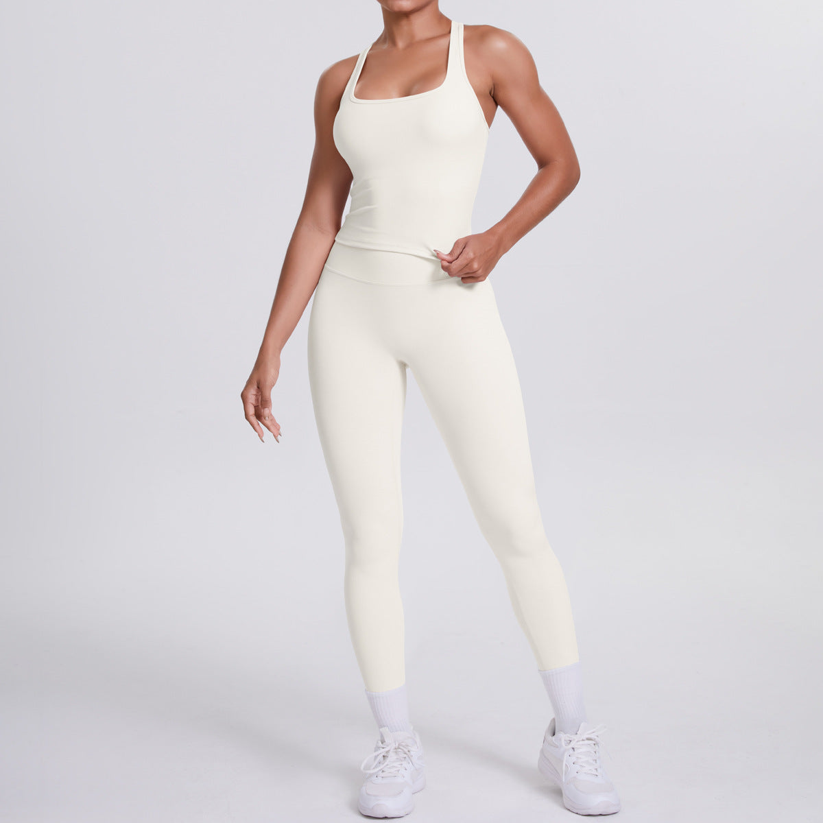 Solid Color Brushed Double-Sided Fitted Ribbed Racerback Sports Set, 2-Piece Yoga Outfit for Running & Fitness