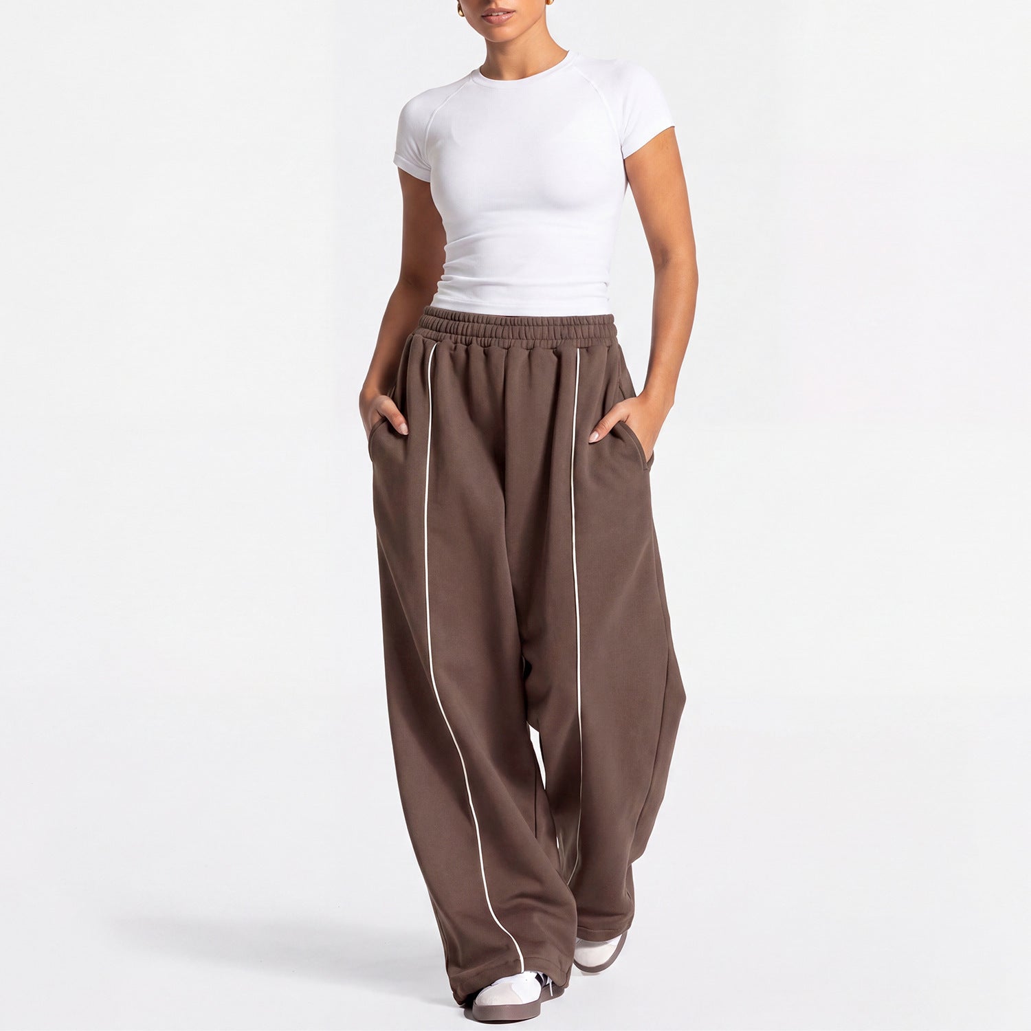 Women Loose Wide Leg Sweatpants Straight Casual Trousers Yoga Outfit Set, European & American Style Short Sleeve Sports Top