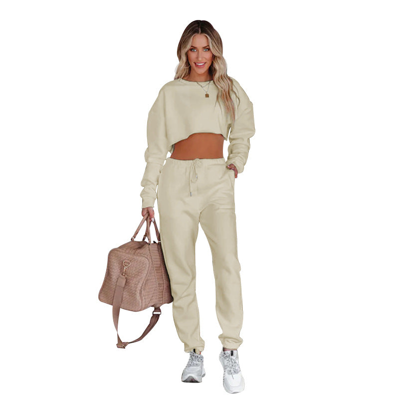 Solid color crew-neck pull-over midriff long-sleeved hoodie drawstring pants suit 5colors
