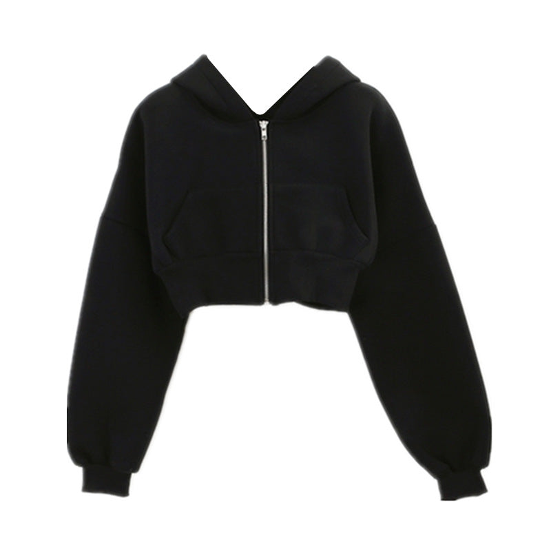 2023 spring and autumn new Korean style personality street pure color thin hooded cardigan zipper short sweater simple casual 3 colors