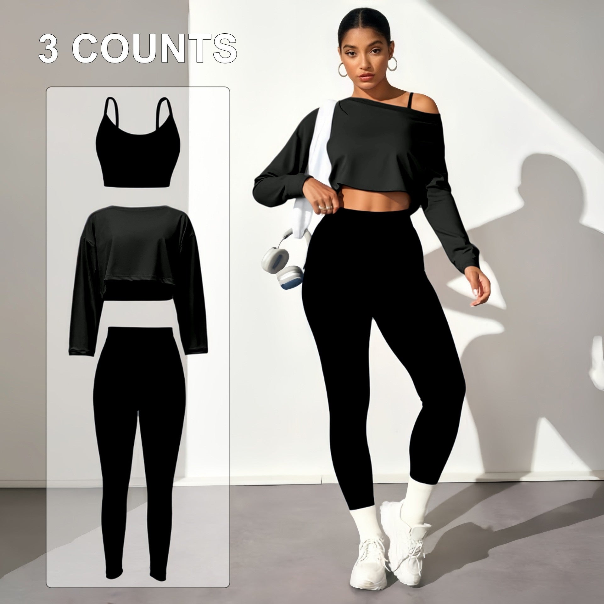 Fashion yoga 3-piece seamless bra tight pants long sleeve top women's sports yoga suit