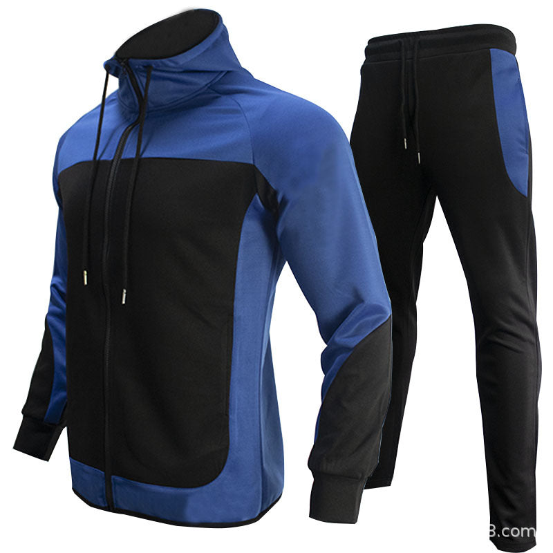 Men's fashion trendy brand contrast color sweater two-piece hooded autumn jacket sportswear casual clothes suit 10 colors