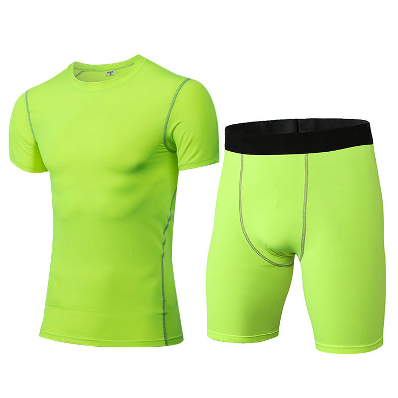 1003+1004 Men's PRO Tight Training Clothes Sports Fitness Suit Perspiration Quick-drying Short Sleeves + Shorts