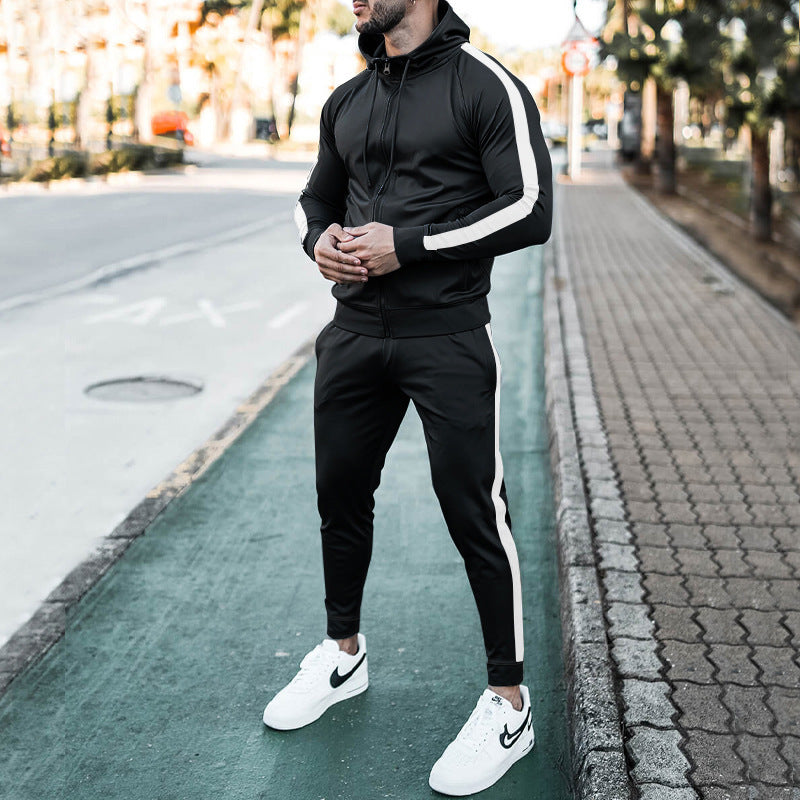 Men's casual sports suit color matching sweater trend fashion sports two-piece suit male 8 colors