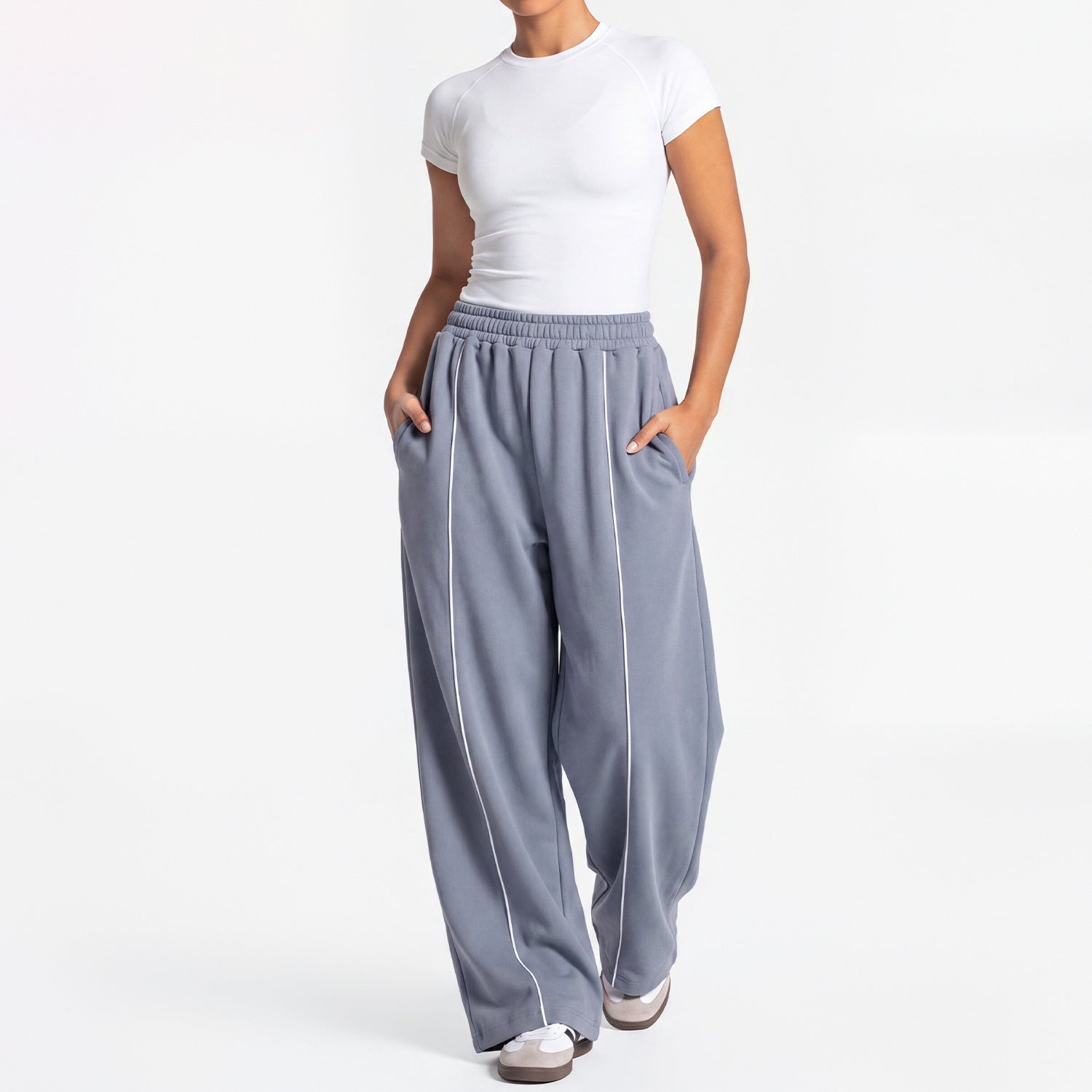 Women Loose Wide Leg Sweatpants Straight Casual Trousers Yoga Outfit Set, European & American Style Short Sleeve Sports Top